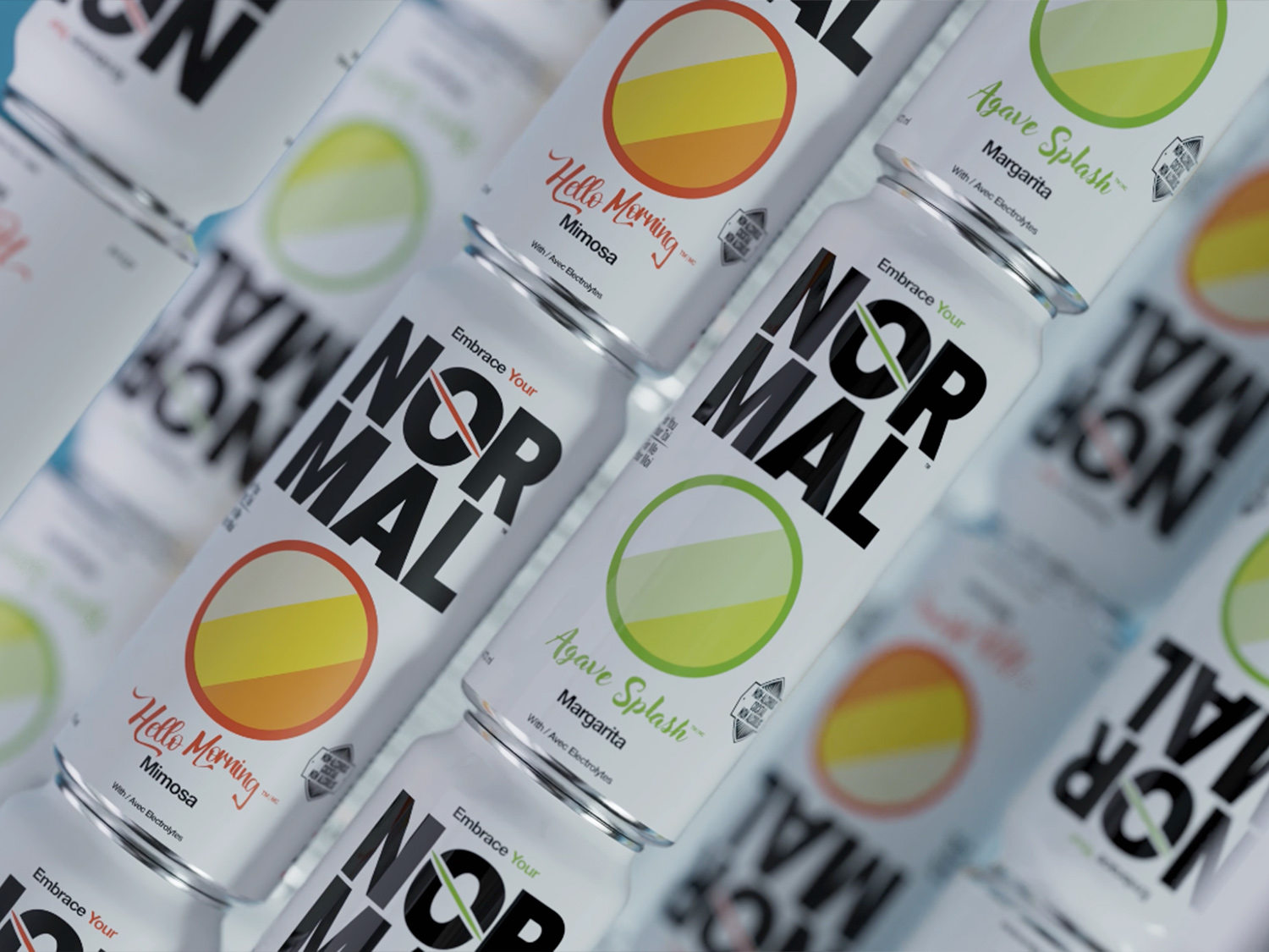 Rows of Normal Agave Splash Margarita and Hello Morning Mimosa cans on an angle with noticeable depths of field